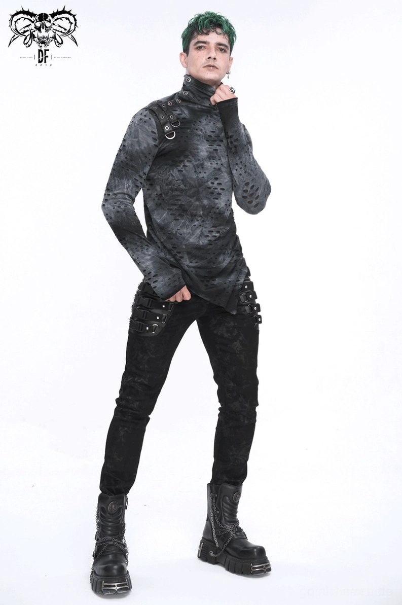 Gothic asymmetrisches Sweatshirt Detail-Aufnahme, hohes Rollkragen-Kragen-Design, dunkler Grautöne perforiert-distressed Erscheinungsbild