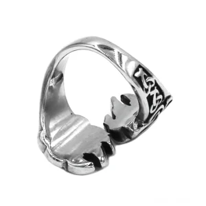 Gothic Bärenkralle Ring Unteransicht mit gravierten Wikinger-Runen, offenes Krallensystem und antiker Silberton Edelstahl-Vintage-Optik