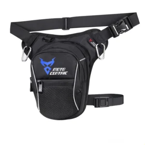 Dunkelstil Industrial-Oberschenkel-Bauchtasche mit blauem Logo-Akzent, Mesh-Vordertasche und Metallkarabiner für Cyberpunk-Fashion und Urban-Style