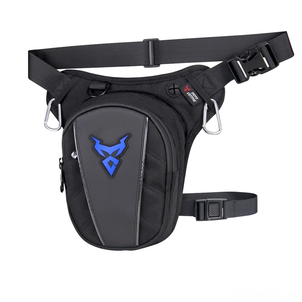 Wasserdichte Gothic-Oberschenkel-Bauchtasche mit blauem 3D-Teufel-Logo auf Schwarz, glatte synthetische Stoffkonstruktion für Urban-Utility und Dark-Fashion