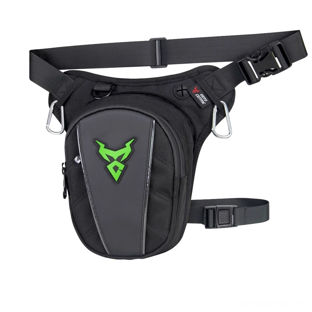 Gothic-Industrial-Oberschenkel-Gürteltasche in Schwarz mit grünem Teufel-Branding, keine Mesh-Tasche, verstellbare Riemen und Metallkarabiner für Dark-Streetwear