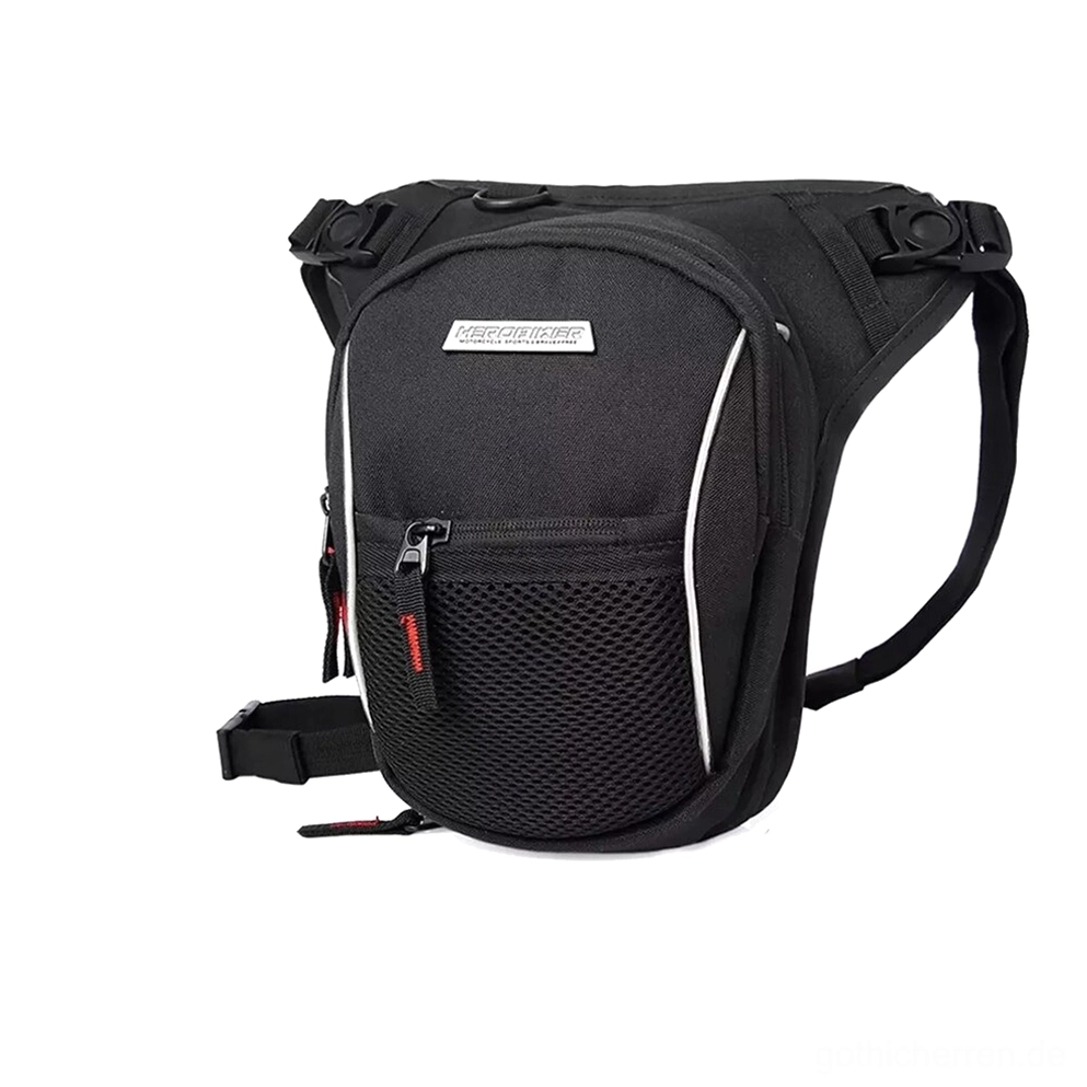Dark-Fashion-Gothic-Oberschenkel-Bauchtasche in reinem Schwarz, mit Metallkarabinern und verstellbarem Riemen-System für Urban-Utility und Alternative-Lifestyle