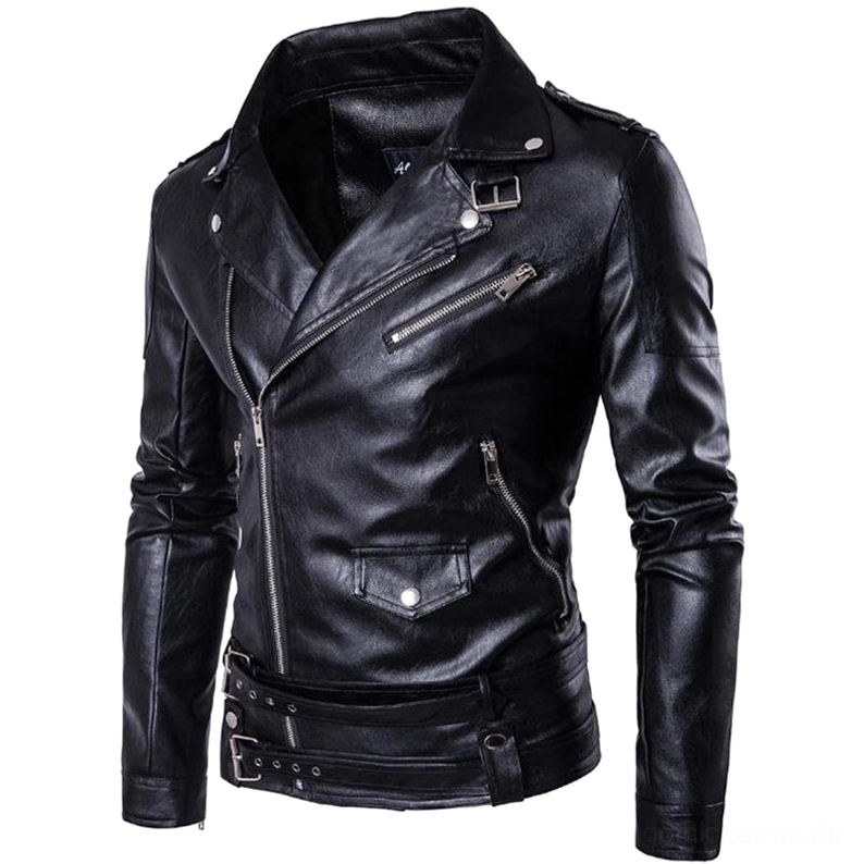 Gothic-Motorradjacke Dreiviertelansicht links mit Schulter-Schnallenbeschlägen, Metallhardware und vorderem Reißverschluss-Taschenprofil