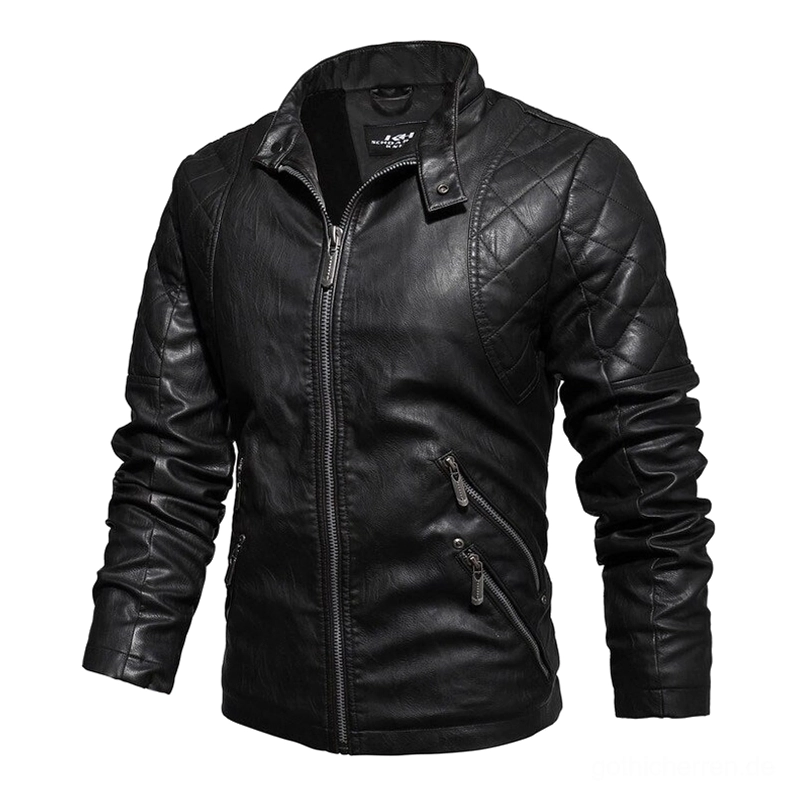 Schwarze Gothic PU-Kunstleder Stand-Kragen Motorradjacke Vorderansicht mit diagonalen Seitentaschen-Reißverschlüssen, mattes Finish und gesteppten Schultern, authentischer Biker-Look