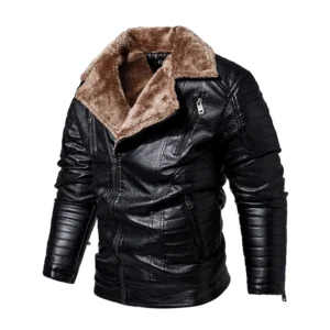 Gothic Biker Lederjacke mit Pelzkragen, gesteppten Ärmeln und Metallreißverschlüssen in Schwarz – Frontalansicht auf Flachlage mit industriellem Detailreichtum