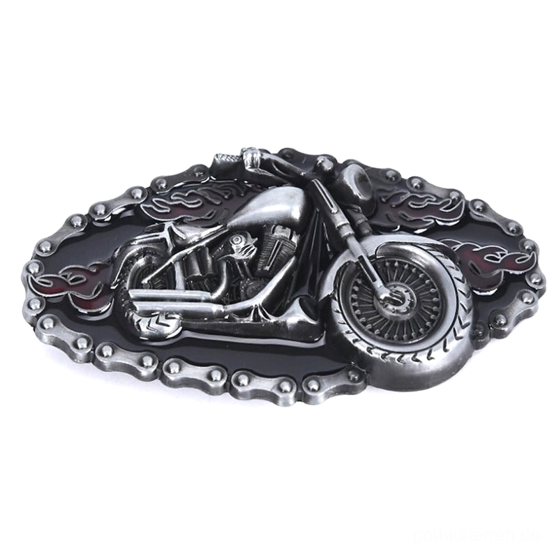 Gothic Biker Gürtelschnalle Linke Vorderseite – Geprägte Motorrad-Designsprache und konsistente Vintage-Metallfinish in durchdachtem Detail