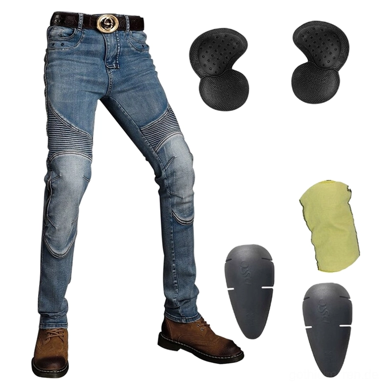 Gothic Biker Schutzjeans Hellblau Flatlay mit Knieschutzpolsterung Schutzausrüstung