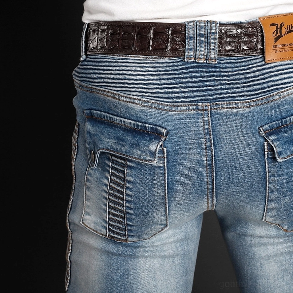 Gothic Biker Schutzjeans Hellblau Hüft- und Oberschenkel-Detail Schutzpolsterung Design