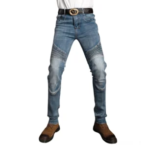 Gothic Biker Schutzjeans Hellblau Vorderansicht schlanke Passform Motorrad Denim Knieschutz