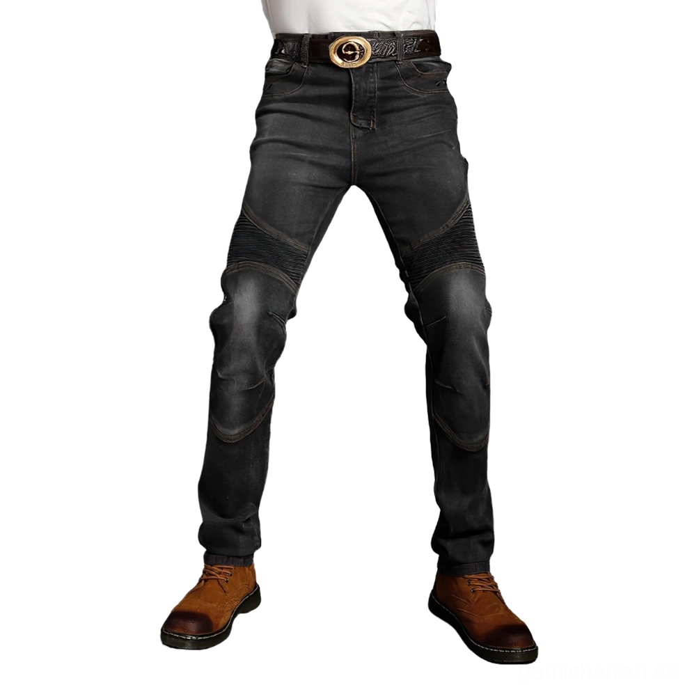 Gothic Biker Schutzjeans Schwarz Vorderansicht schlanke Passform Flammenschutz Denim