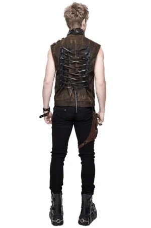 Rückansicht der braunen Gothic-Steampunk-Biker-Weste mit verstellbarem Schnürkorsett-Rückensystem und verwittertem Lederfinish