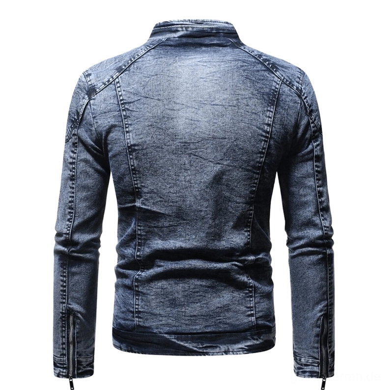 Tiefblaue Gothic-Bikerjacke Rückansicht mit Reißverschluss-Manschetten und sorgfältig konstruierten Nahtdetails, taillerter Fit für elegante Gothic-Silhouette