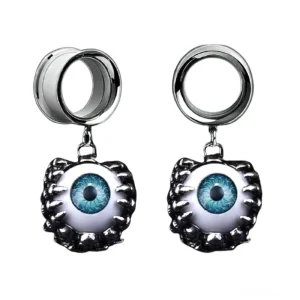 Paar gothische Blauauge-Ohrtunnel mit Stachelrahmen aus chirurgischem Edelstahl in Frontalansicht auf weißem Hintergrund, demonstriert das vollständige Design der beiden verstellbaren Grunge-Plugs
