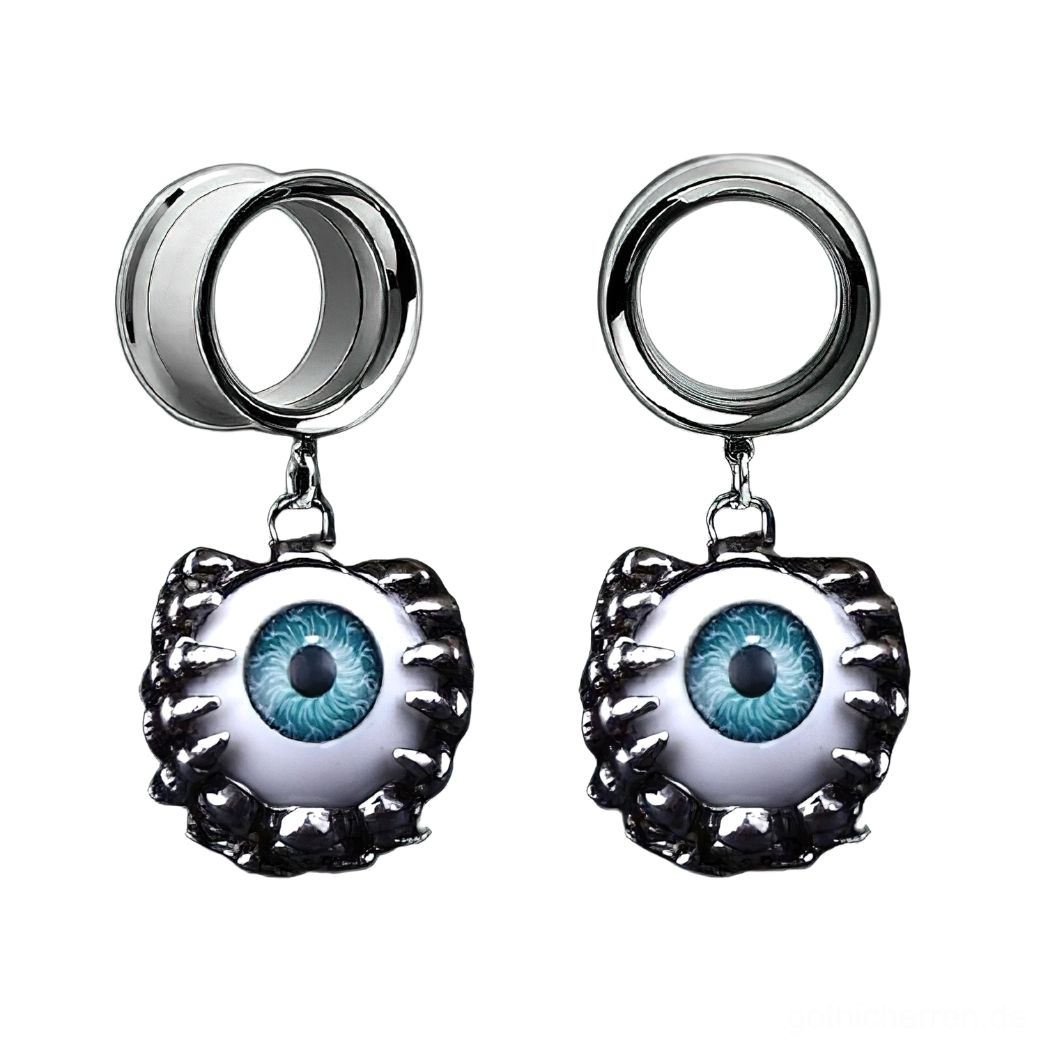 Paar gothische Blauauge-Ohrtunnel mit Stachelrahmen aus chirurgischem Edelstahl in Frontalansicht auf weißem Hintergrund, demonstriert das vollständige Design der beiden verstellbaren Grunge-Plugs