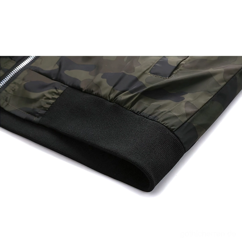 Gerippter elastischer Manschetten-Detail in Schwarz mit Camouflage-Stoff, Seitenansicht der Jacken-Konstruktion und Abschlussqualität