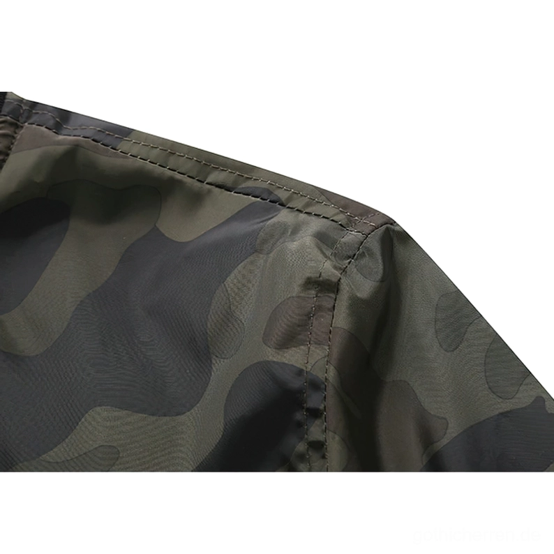 Nylon-Stoff-Textur Nahaufnahme mit Camouflage-Prägung und Präzisions-Nähten, Gothic Bomberjacke Material-Qualität handwerkliche Details