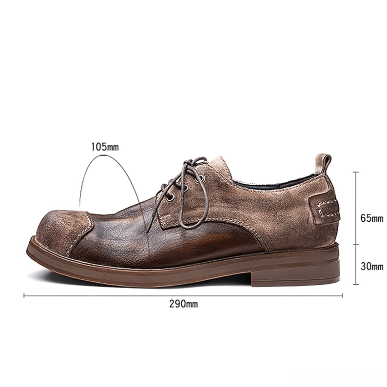 Single men's dark brown distressed leather gothic boot profile side view, showing round toe shape, low block heel, rubber outsole dimensions, and two-tone aged leather finish