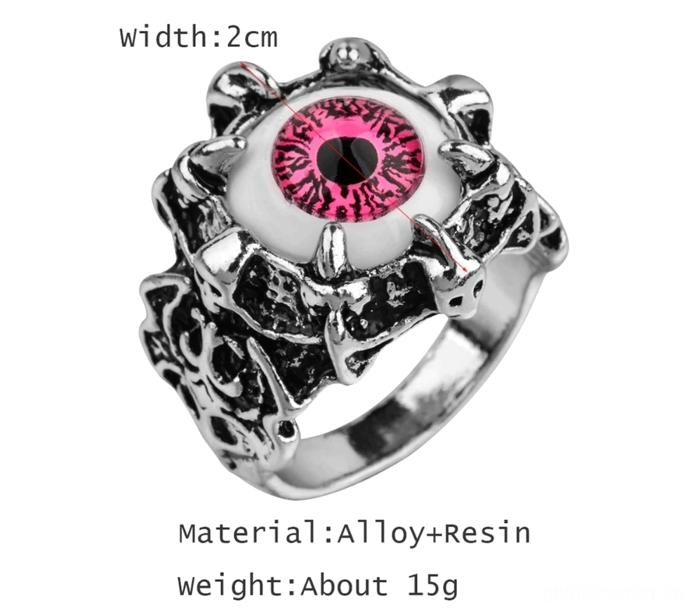 Gotischer Böser-Blick-Spike-Ring mit rosa Kunstharz-Auge, geschnitzte Vintage silberfarbene Legierung, detaillierte Handwerk-Verarbeitung, dunkle spirituelle ästhetik
