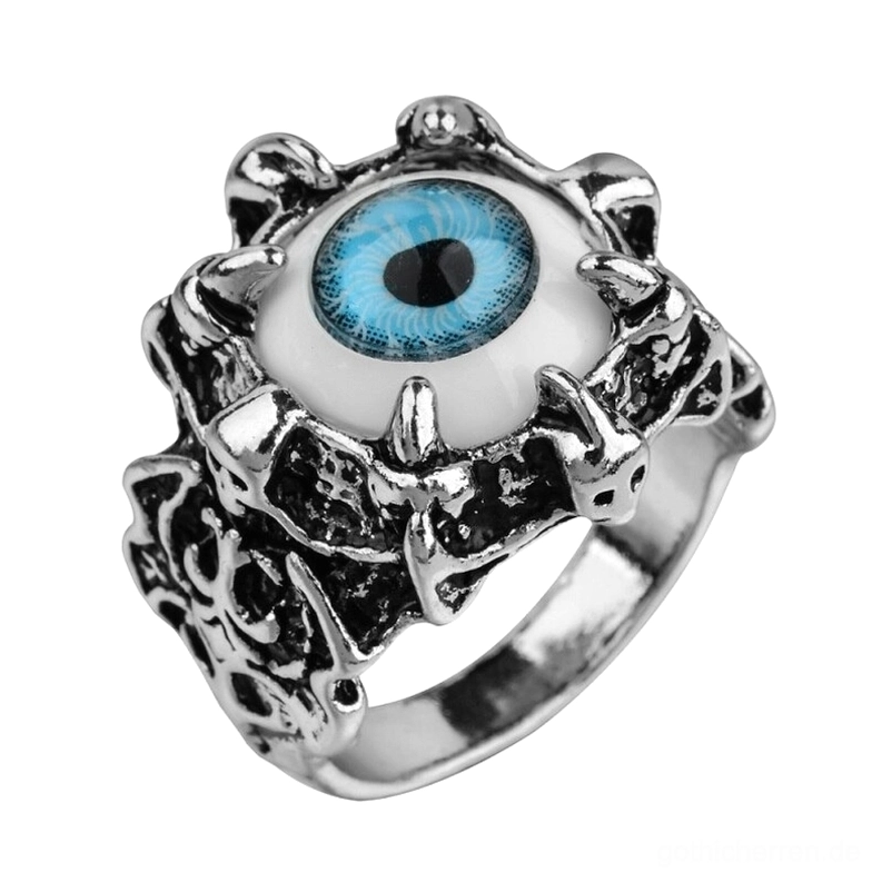 Böser-Blick-Spike-gotischer Ring mit rosa Kunstharz-Auge, dunkle Ästhetik Statement-Schmuck, kompakte Drachenkrallen-Rahmen design, frontale Ansicht aus oben