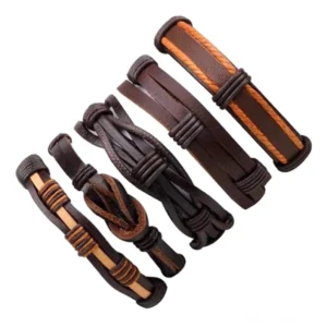 5er-Kollektion gothic braided Ledearmbänder Flatlau mit geflochtenen und gewebten Designs dunkelbraun tan-akzenten