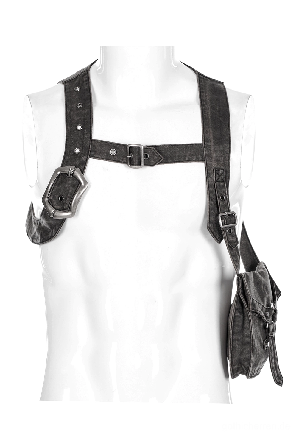 Frontansicht der Gothic Harness Crossbody Umhängetasche auf Mannequin mit verstellbaren Gürtelschnallen und hängender Seitenspeicher-Tasche