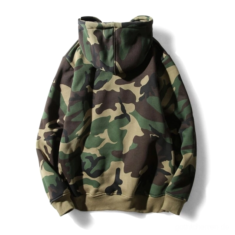 Rückansicht des Gothic Camouflage Kapuzenpullovers mit strukturiertem Rippensaum und Waldtarn-Muster über die gesamte Länge
