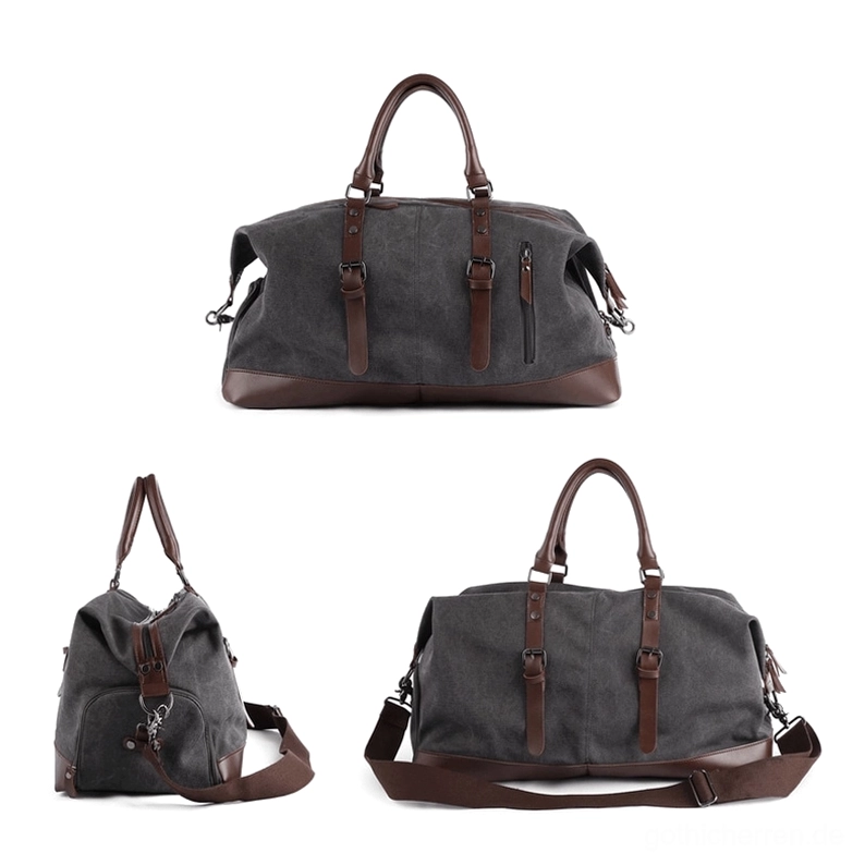 Gothic Canvas Duffel-Tasche Sammlung zeigt mehrere Farbvarianten in matching dunkler ästhetischer Design, Schwarz und Grau Optionen