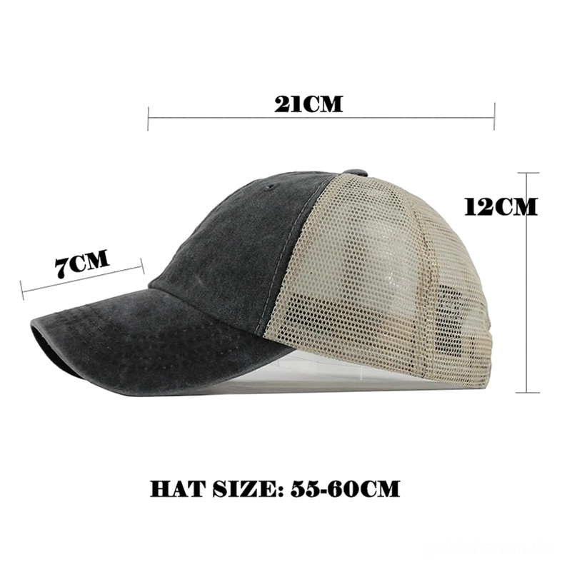 Detailansicht des verstellbaren Mesh-Rückenverschlusses auf vintage gewaschener Gothic-Baseball-Kappe – universelle Größenanpassung und Passformflexibilität