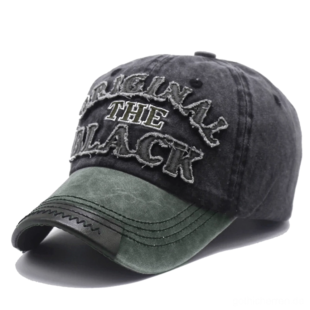 Army Green und schwarze gewaschene Gothic Baseball Kappe mit gestickertem Buchstaben-Akzent und taktischer Edge-Styling-Detail