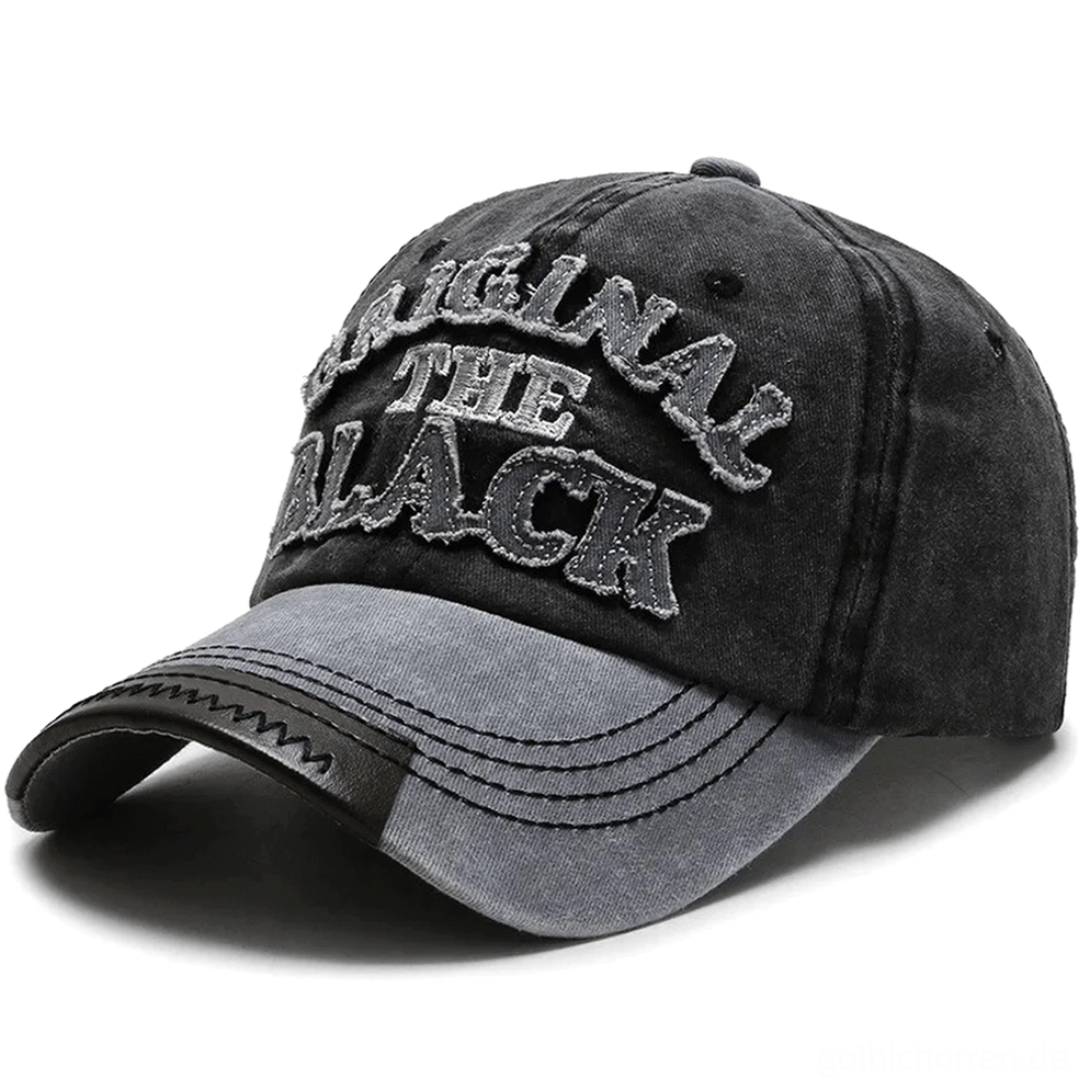 Schwarze gewaschene Gothic Snapback Kappe mit hellgrauem Kontrastschirm und lederähnlicher Schirmakzentuierung, 3D-gestickertes Buchstaben-Design