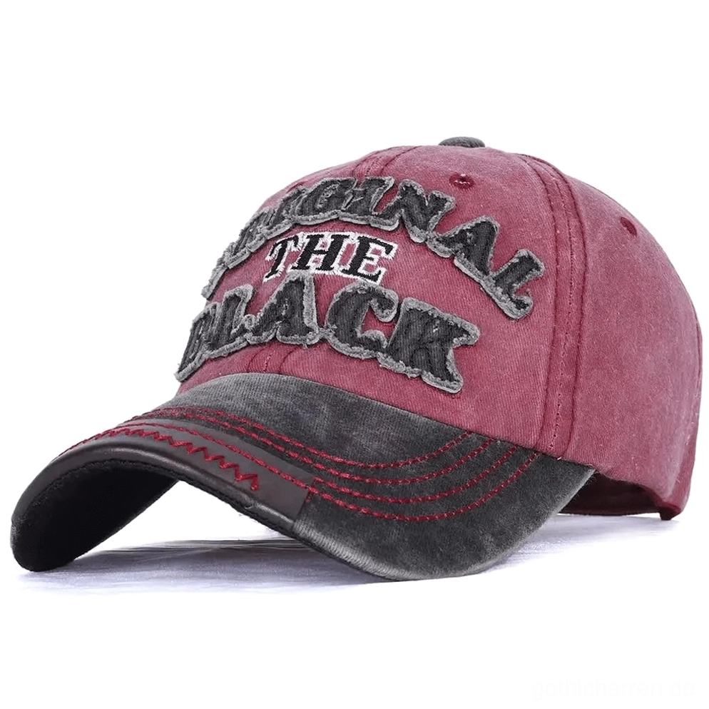 Vintage gewaschene Gothic Baseball Snapback Kappe mit Burgunder-Krone und dunkelgrauem Schirm, 3D-gestickertes Buchstabenlogo und roten Kontrastnähten