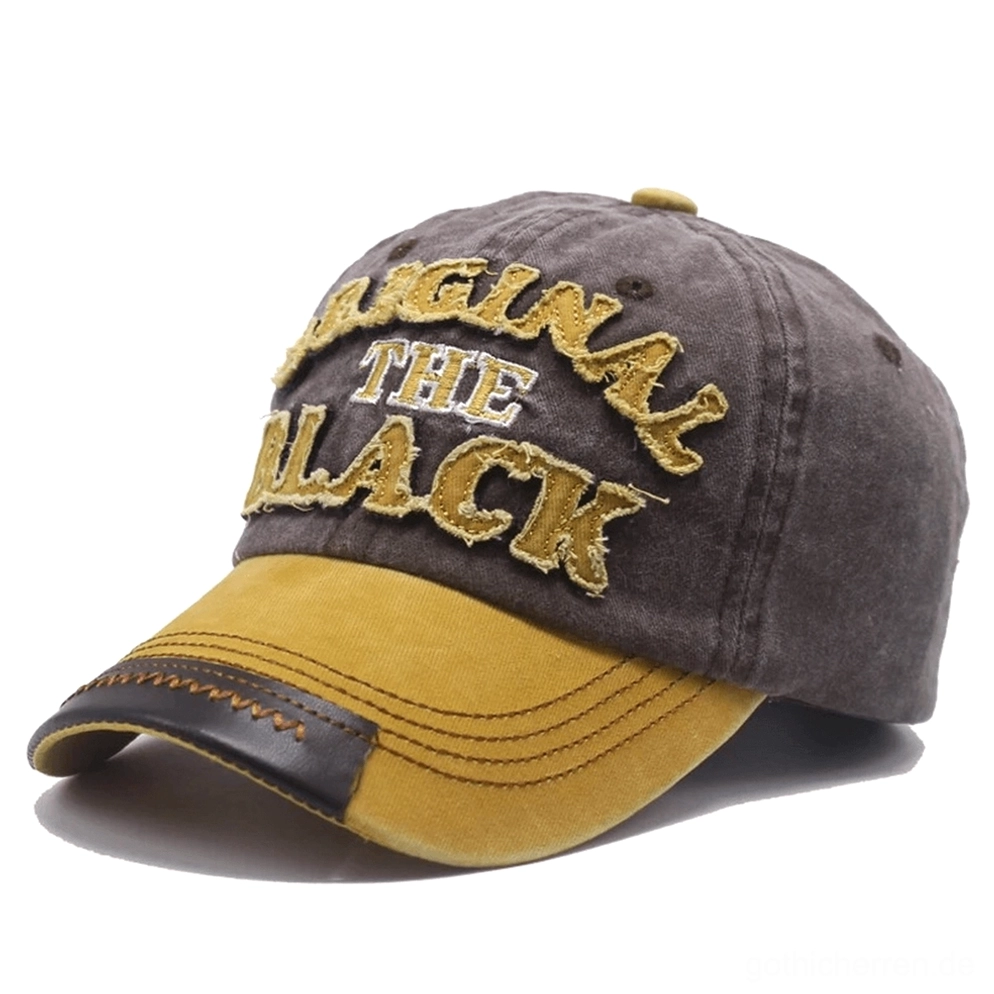 Gelb und Coffee gewaschene Gothic Baseball Kappe mit gestickertem Buchstabenlogo und authentisch gealtertem Vintage-Distressed-Finish