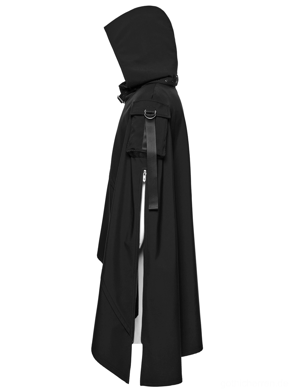 Wasserdichter Gothic Techwear Poncho-Cape Seitenansicht mit 3D-segmentierter Tasche, Webbing-D-Ring-Befestigung und taktischen Funktionalitätsmerkmalen