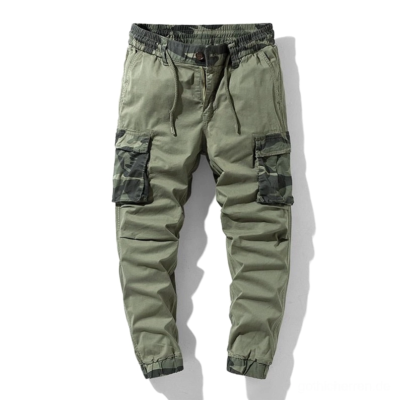 Army grüne Gothic Cargo Joggers mit Tarnfleck-Seitentaschen Vorderansicht Flat-Lay Alternative Cargohose