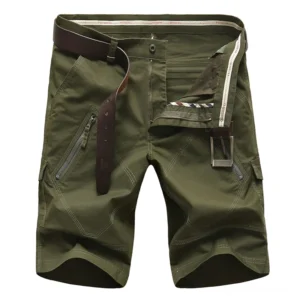 Army Grün Gothic Cargo Shorts Herren Flat Lay Detail mit gestreiftem Taillentrimm und mehrfachen Reißverschluss-Cargo-Taschen Seite