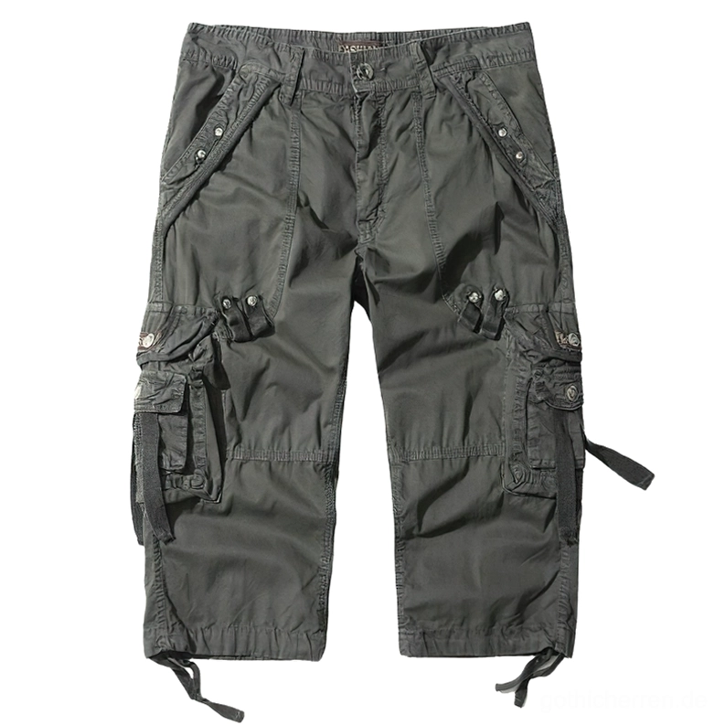 Vorderansicht von dunkelgrauen Cargo-Shorts für Herren mit Knopfverschluss-Taille, mehreren verstellbaren Utility-Taschen und funktionalen Kordelzug-Säumen für gotische Fashion-Anwendungen