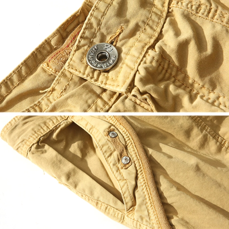 Nahaufnahme der Stofffasern und Materialqualität von 100%-Polyester-Cargo-Shorts mit Texturstruktur, Farbtiefe und langlebigen Eigenschaften für gotische Fashion-Anwendungen