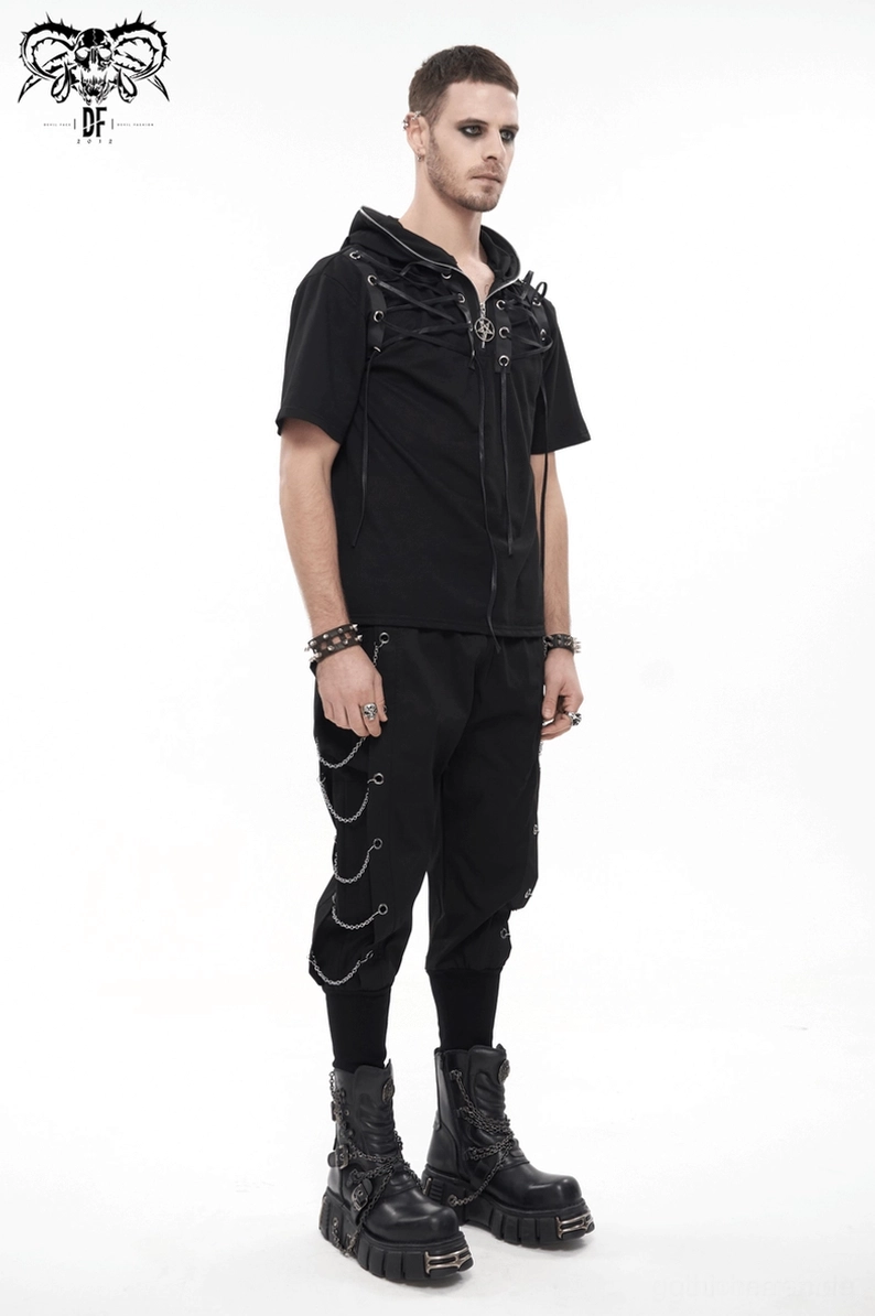Textur- und Webdetail schwarzer Baumwoll-Elasthan-Stoff für Gothic Cargohose