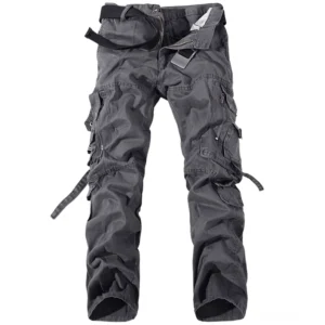 Gothic Cargohose in Dunkelgrau mit Multi-Pocket-Detail und verstellbaren Riemen Frontansicht Flachaufnahme zeigt taktische Taschen und hochwertige Verarbeitung