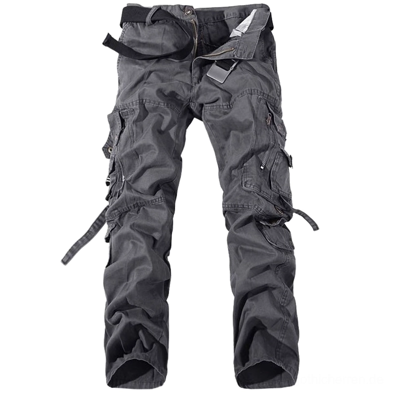 Gothic Cargohose in Dunkelgrau mit Multi-Pocket-Detail und verstellbaren Riemen Frontansicht Flachaufnahme zeigt taktische Taschen und hochwertige Verarbeitung