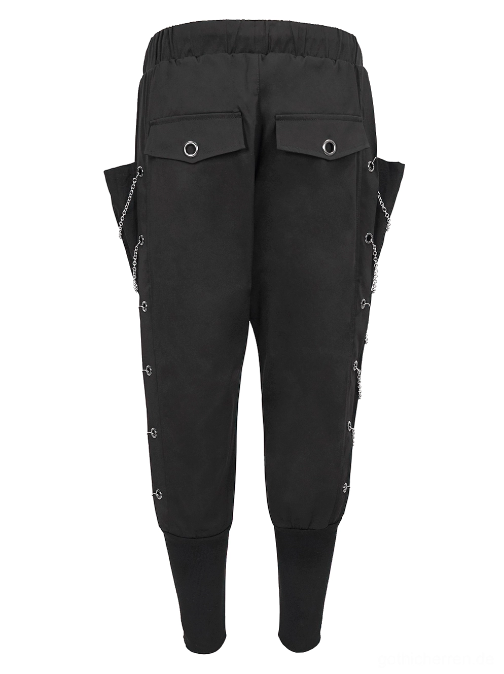 Rückseite schwarzer Gothic Cargohose Flat Lay mit hinteren Taschen und metallischem Kettenösen-Dekor