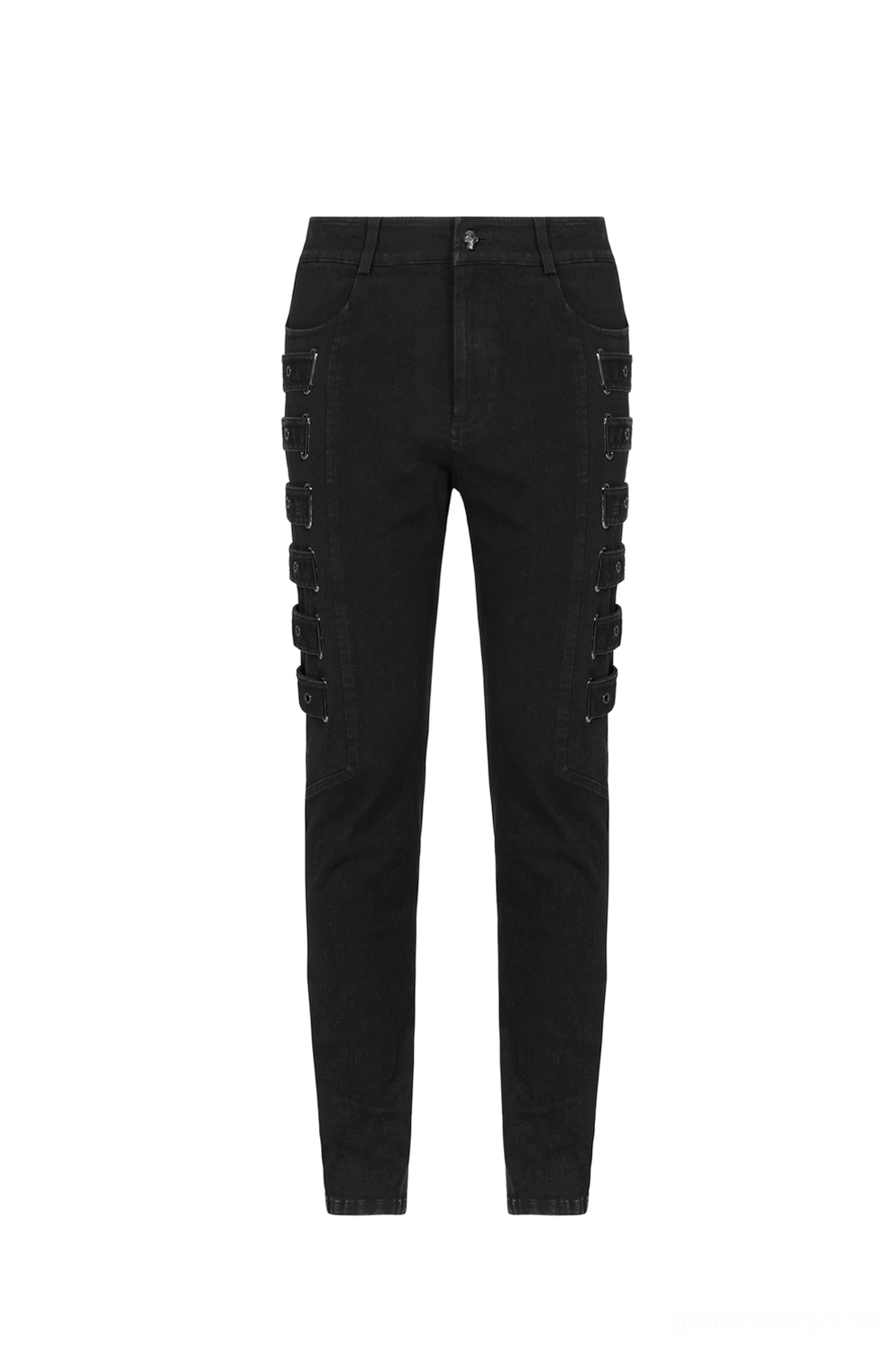 Frontale Flatlay schwarze Gothic Cargohose zeigend symmetrische Seitenriemen mit Metallösen auf beiden Oberschenkeln und taillierten Schnitt