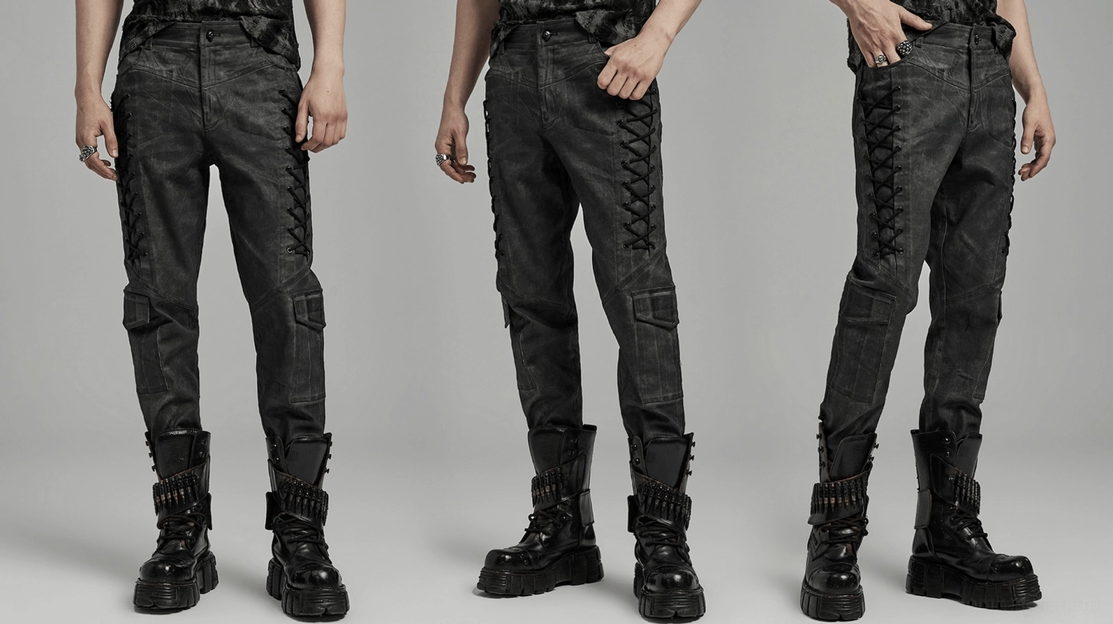 Lifestyle-Bild der distressed Gothic Cargohose demonstriert Passform und Styling mit Alternative-Fashion-Ästhetik und Dark-Accessories
