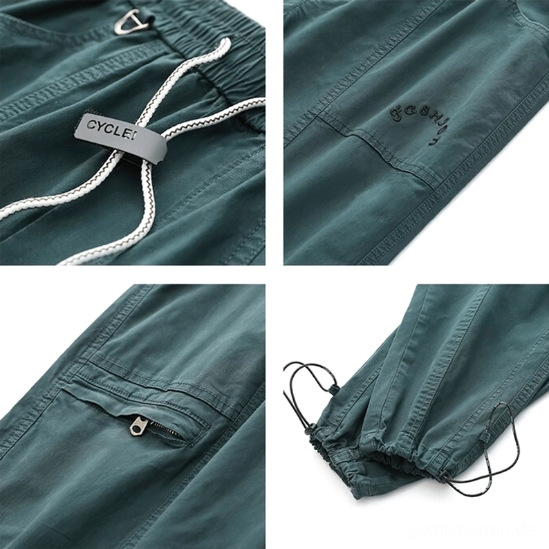 Gothic Cargo Cargohose lockere Passform Flach-Auslage Vorderansicht mit Drop-Crotch-Silhouette und charakteristischer Seitennaht-Zeichnung