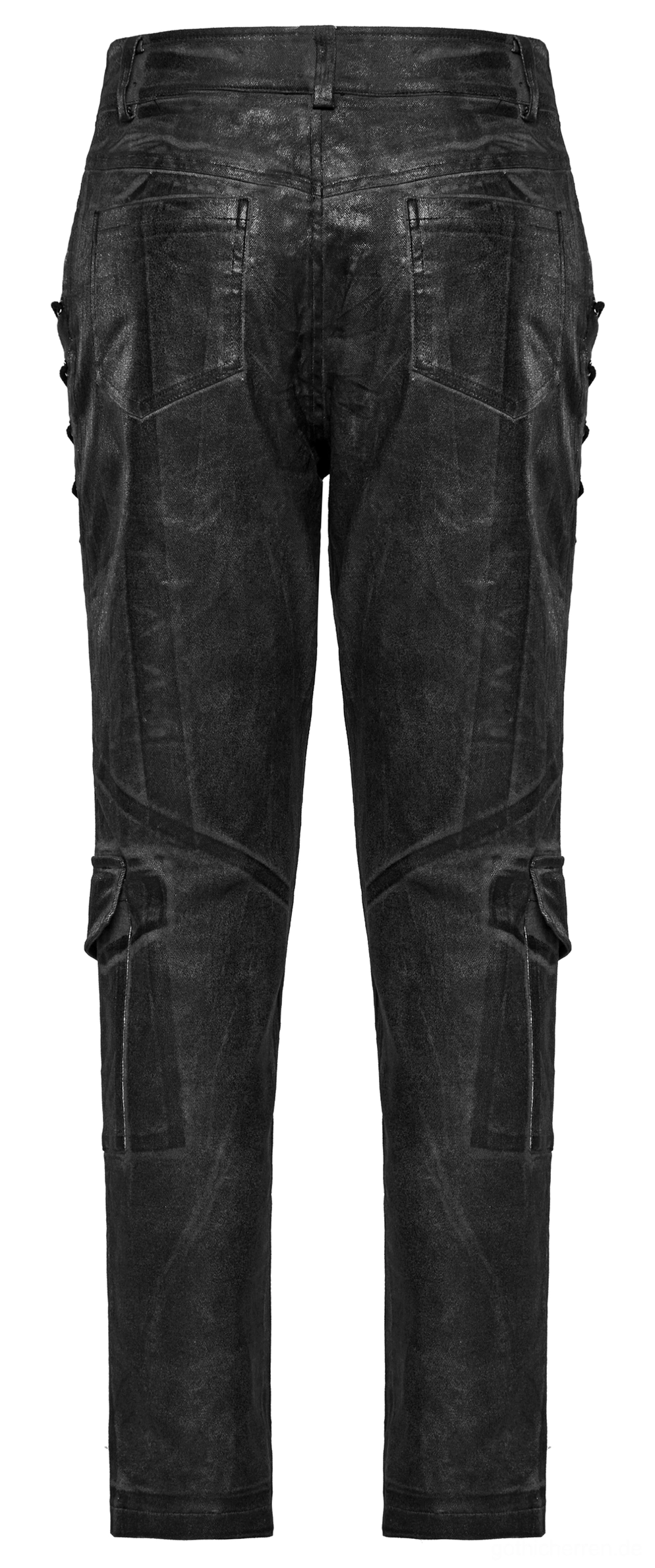 Rückseite Flat-Lay der distressed Cargohose mit Rückentaschen, seitlichen Cargotaschen und Konstruktionsdetails