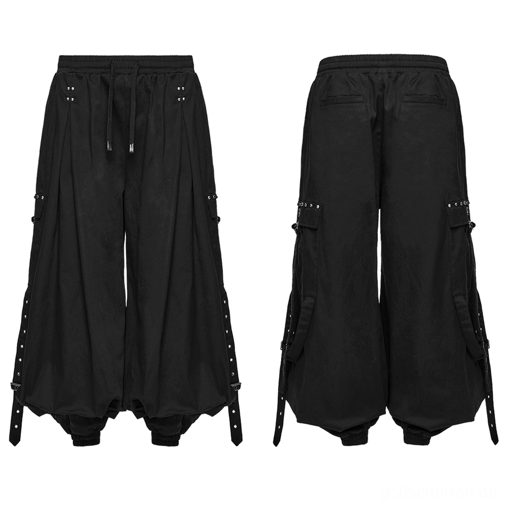 Schwarze Gothic Cargohose Flat Lay Vorder- und Rückansicht mit Nieten Trims und Metallhardware Übersicht