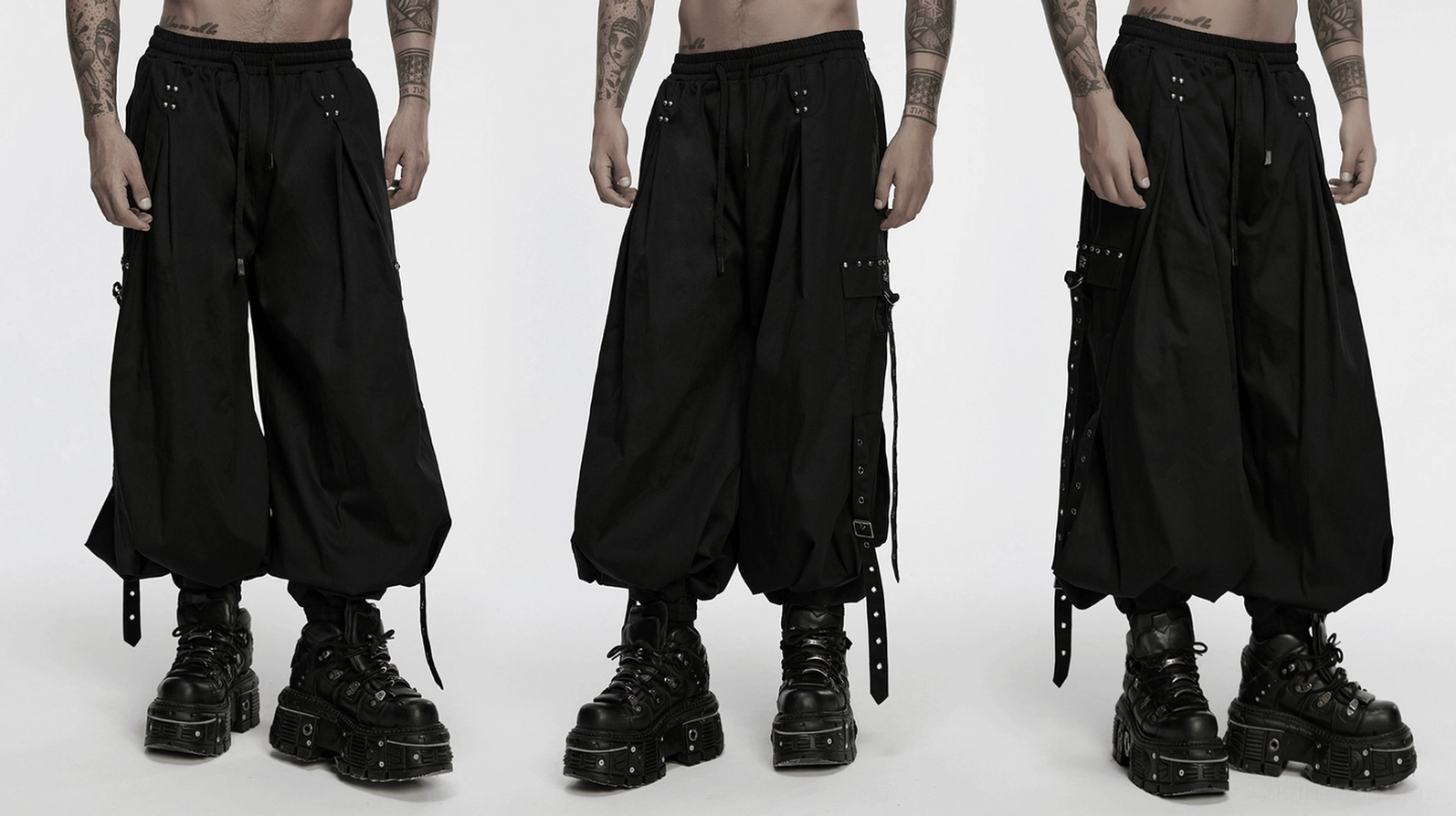 Schwarze Gothic Cargohose Ganzkörper Model Ansicht zeigt Passform und Proportionen in S-M Größe