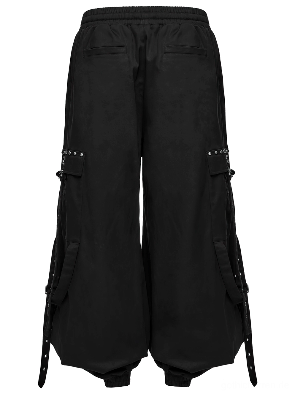 Schwarze Gothic Cargohose Rückseite Flat Lay zeigt hinteren Bund und Knöchel-Schnallen Riemen mit elastischen Details