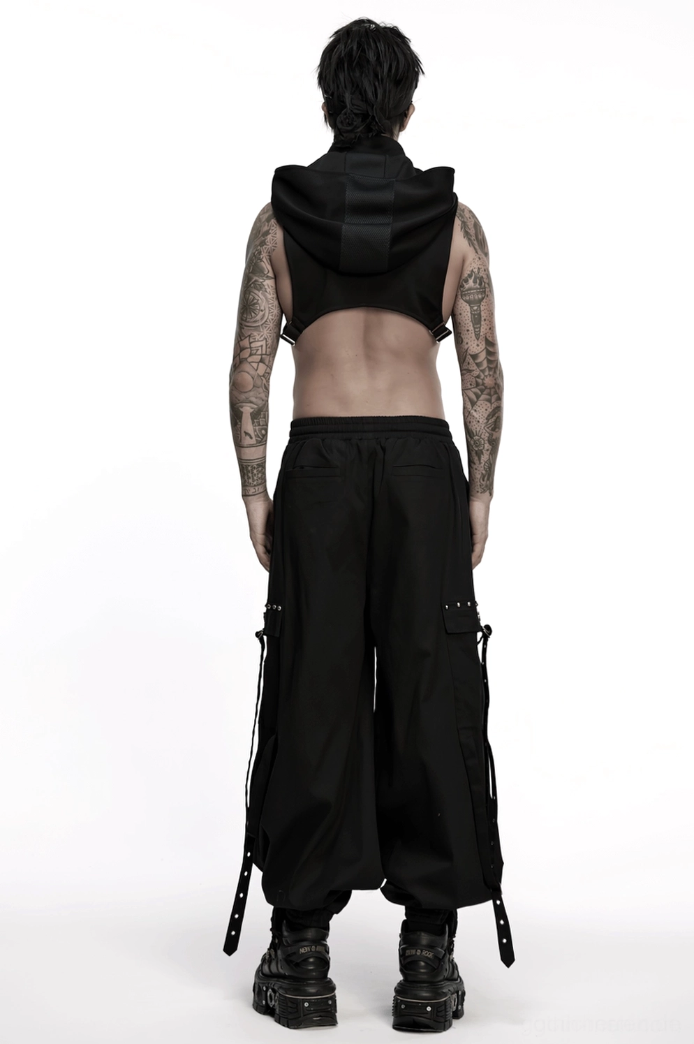 Schwarze Gothic Cargohose mehrere Cargo-Taschen und funktionale Nutzbarmachungs-Design Elemente Übersicht