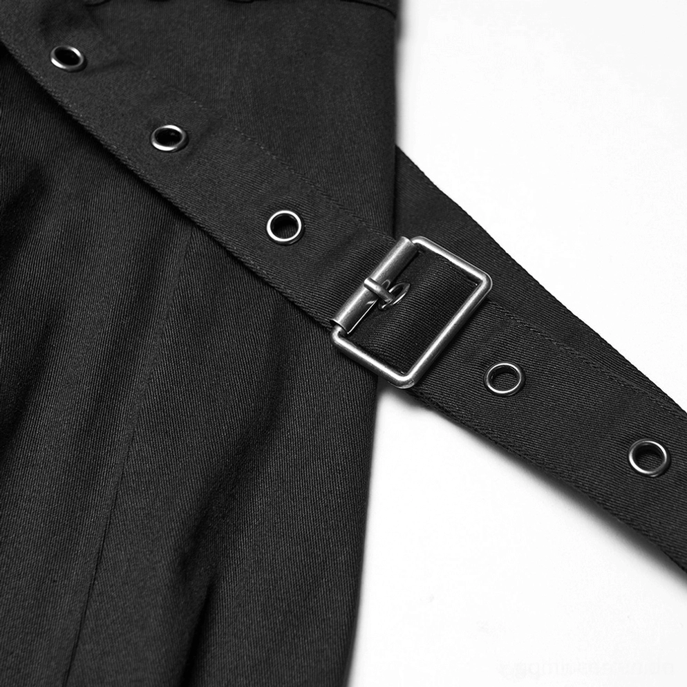 Nahaufnahme schwarze Gothic Cargohose Metallschnalle und Ösen Löcher auf Canvas-Riemen Hardware Detail